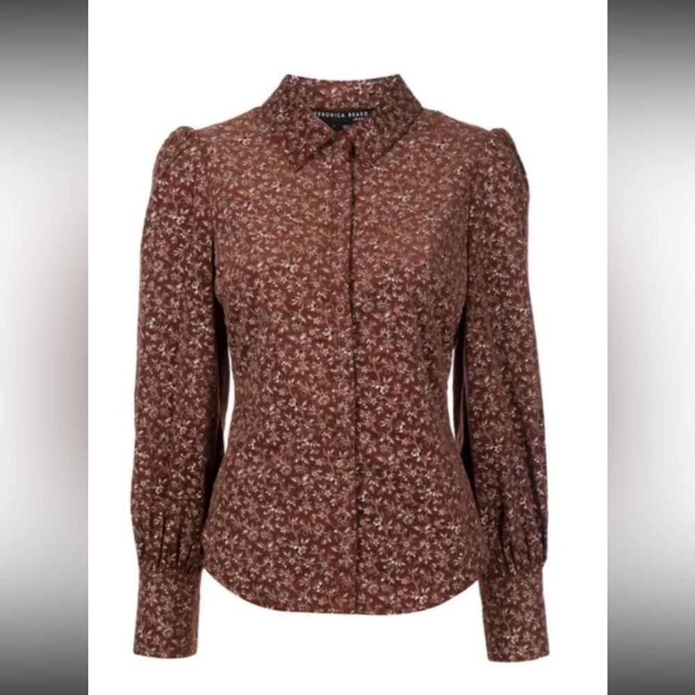 Veronica Beard Moore Nutmeg Floral Printed Corduroy brown shirt blouse